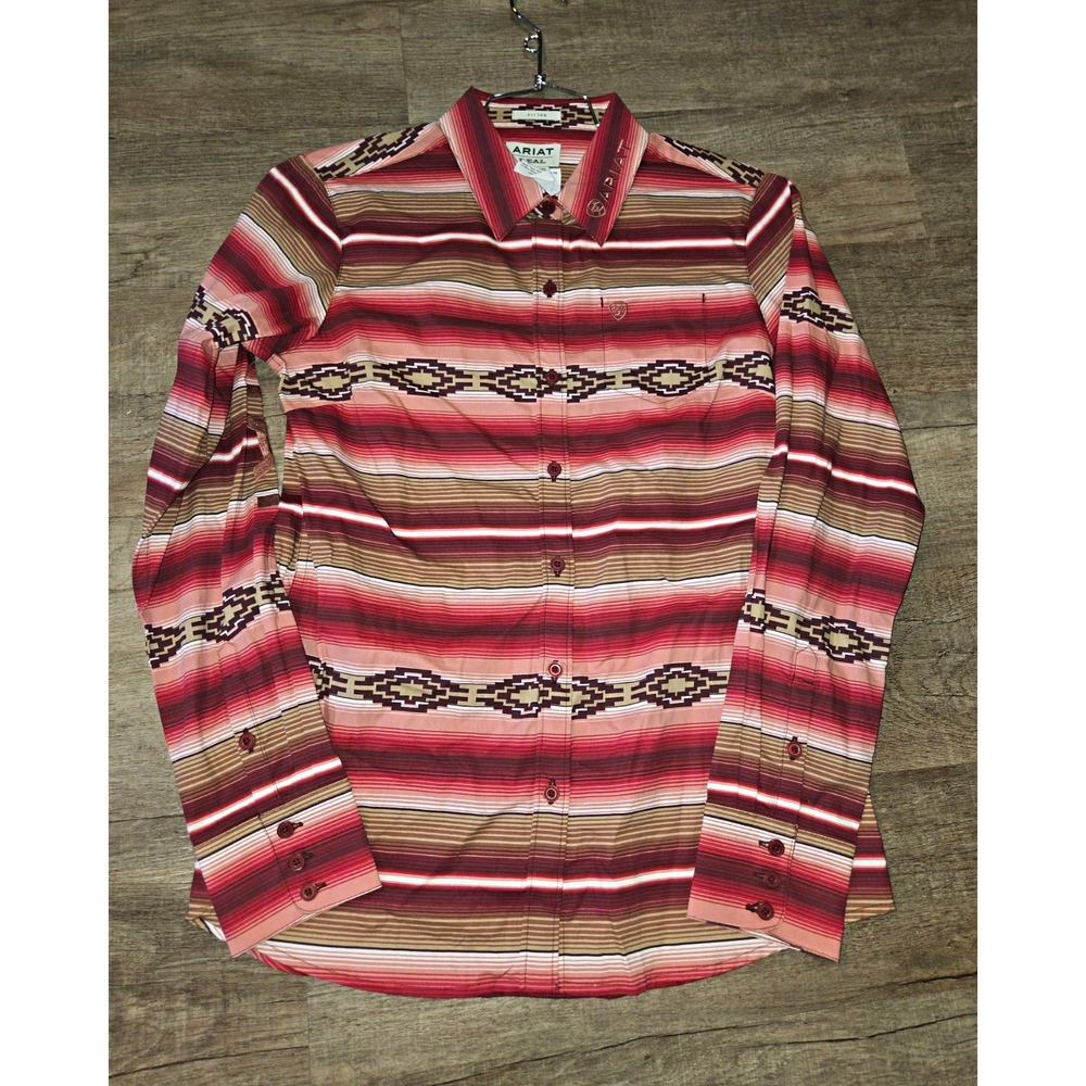 Ariat Western Fit Striped Long Sleeve Button-Up Shirt M Red Brown